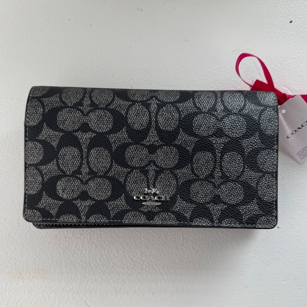 Coach Gunmetal Anna Signature Canvas & Leather Foldover Clutch Xbody (CX593)-NWT